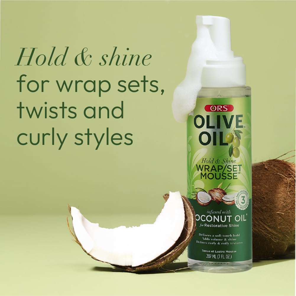 ORS Olive Oil Hold & Shine Wrap Set Mousse Infused with Coconut Oil for Restorative Shine 7 Ounce