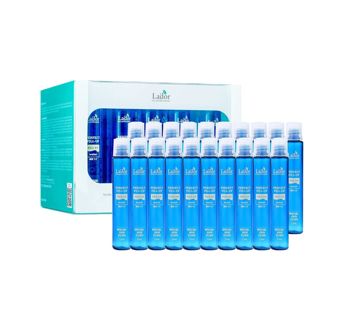 Set of blue bottles with a box labeled 'Lador' on a white background
