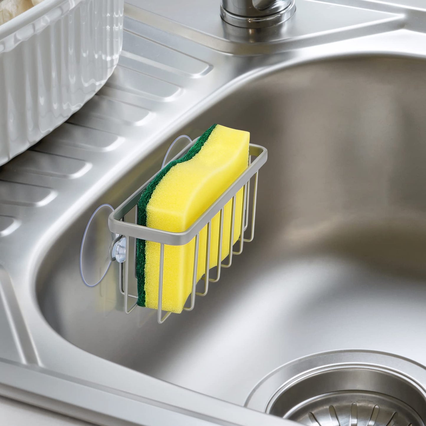 HLOOL Kitchen Sink Sponge Holder – Matte Silver Sink Caddy & Dish Soap Organizer