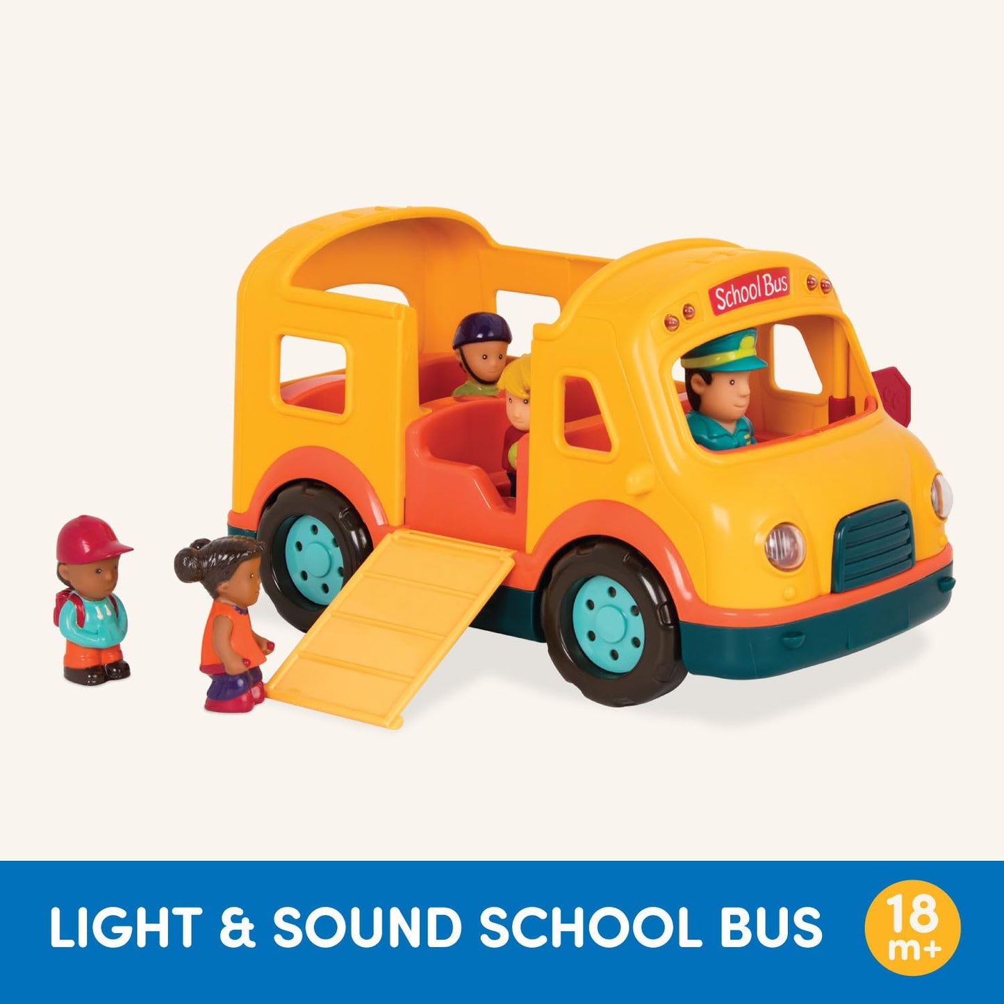 Battat – Light – Up Yellow Bus – 5 Toy Figures – Realistic Sounds – Folding Stop Sign – 18+ Months – Light & Sound School Bus