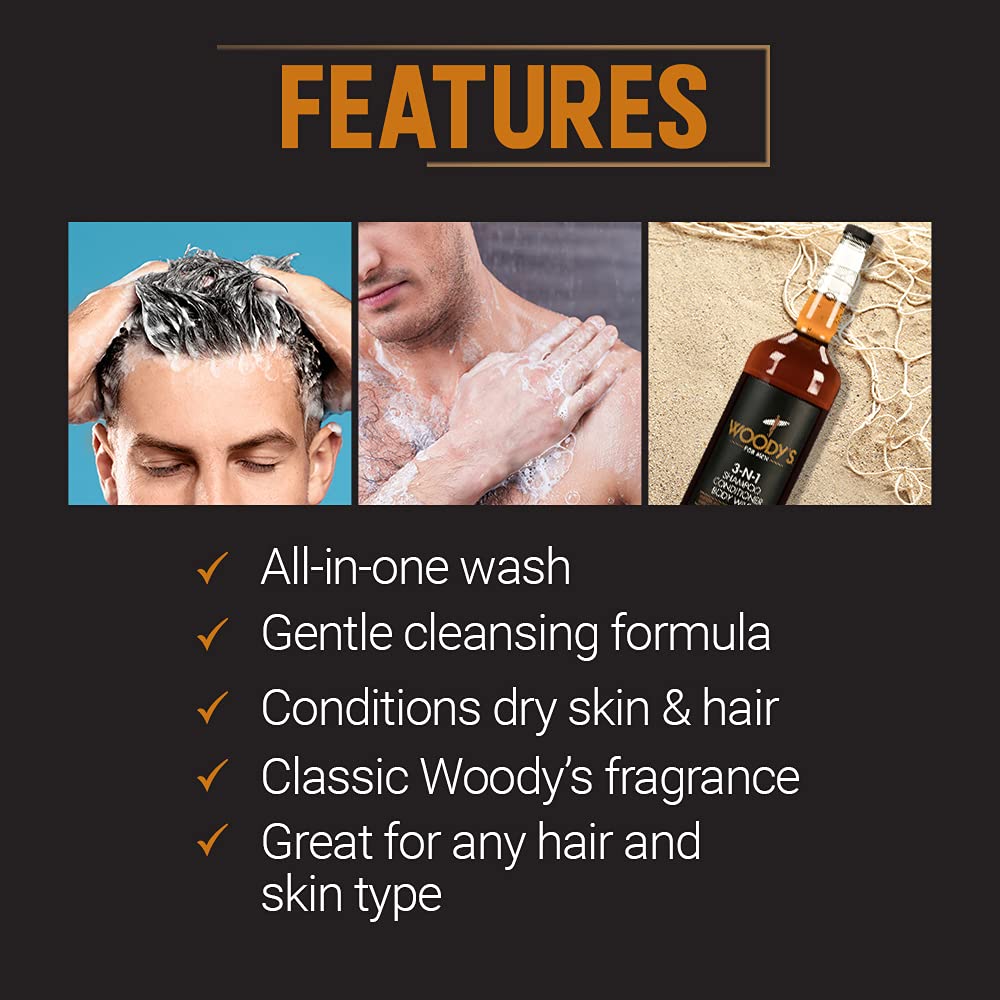 Woody's Mens Body Wash 3 in 1 – Shampoo, Conditioner, & Body Wash, All-in-One Cleanser, Refreshing & Hydrating with Natural Extracts - 32 fl oz