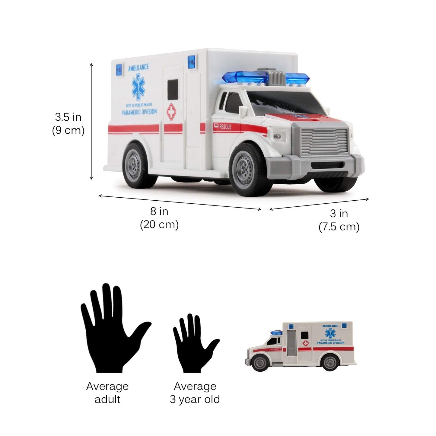 Vokodo 1:20 Scale Rescue Ambulance Toy Car – Friction Powered with Lights & Sounds, Push & Go Medical Emergency Vehicle for Kids