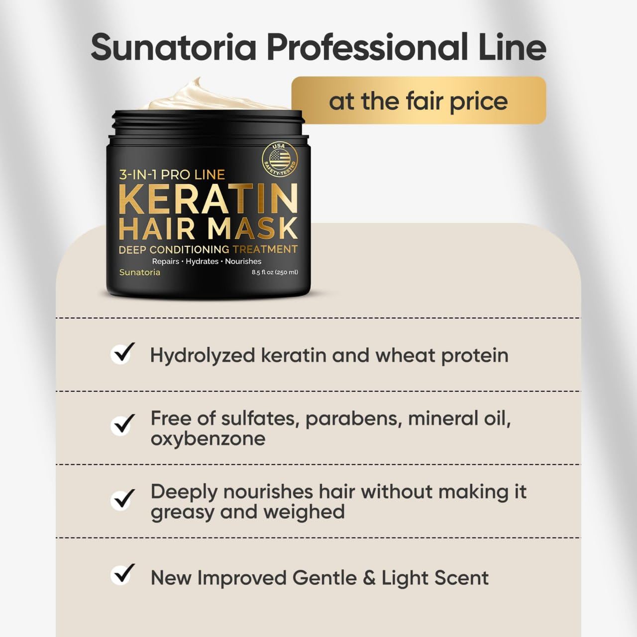 SUNATORIA Keratin Hair Mask - Deep Conditioner for Dry & Damaged Hair - Hydrating, Repairing & Nourishing Keratin Treatment - 8.45 Fl Oz