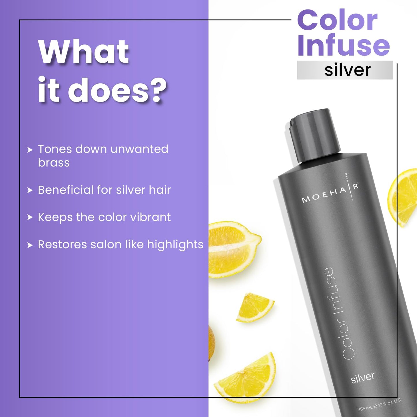 MOEHAIR Color Infuse Silver Toner – Purple Toner for Silver, Gray & White Hair, Neutralizes Brassiness, Salon-Grade, Sulfate & Paraben-Free, 12 Fl Oz