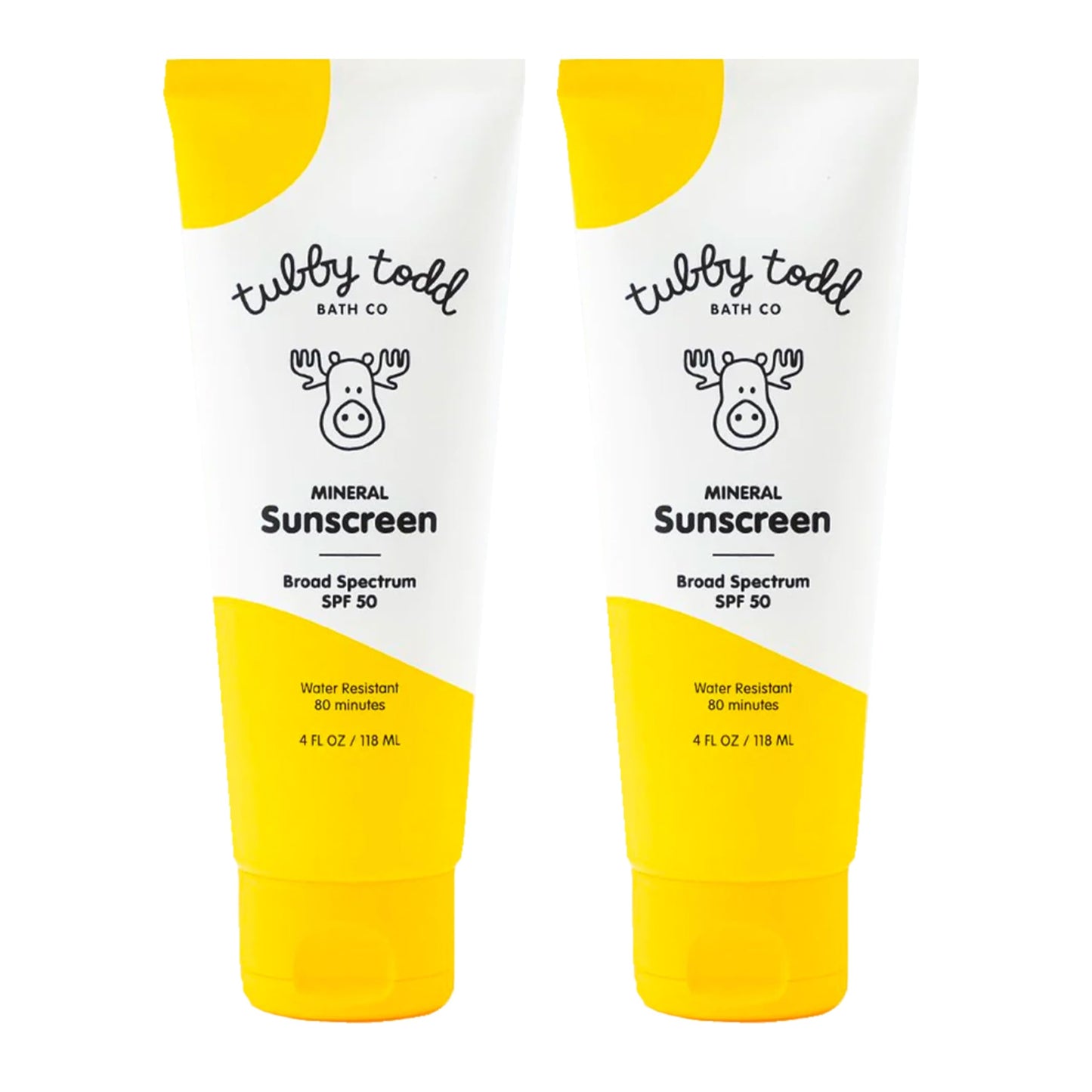 TUBBY TODD Mineral Sunscreen SPF 50 for Kids - Broad Spectrum, Water-Resistant 80 Min, Non-Greasy, Sensitive Skin Safe, 2 Pack 4 fl oz