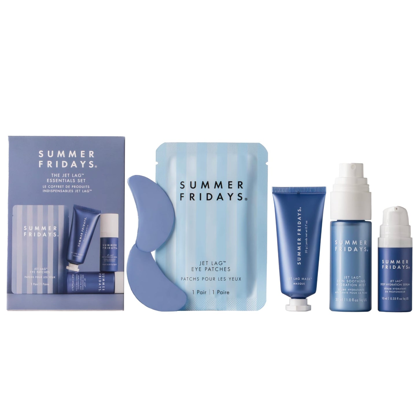 Summer Fridays Jet Lag Essentials Travel Skincare Set – Eye Patches, Hydration Mist, Serum & Mask, 4-Piece Kit