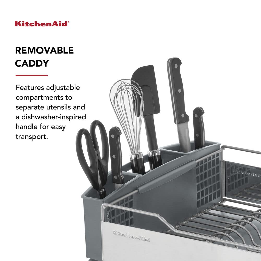 KitchenAid Large Capacity Dish Rack – Rust-Resistant, Full-Size with Angled Drain Board & Removable Flatware Caddy, Light Grey