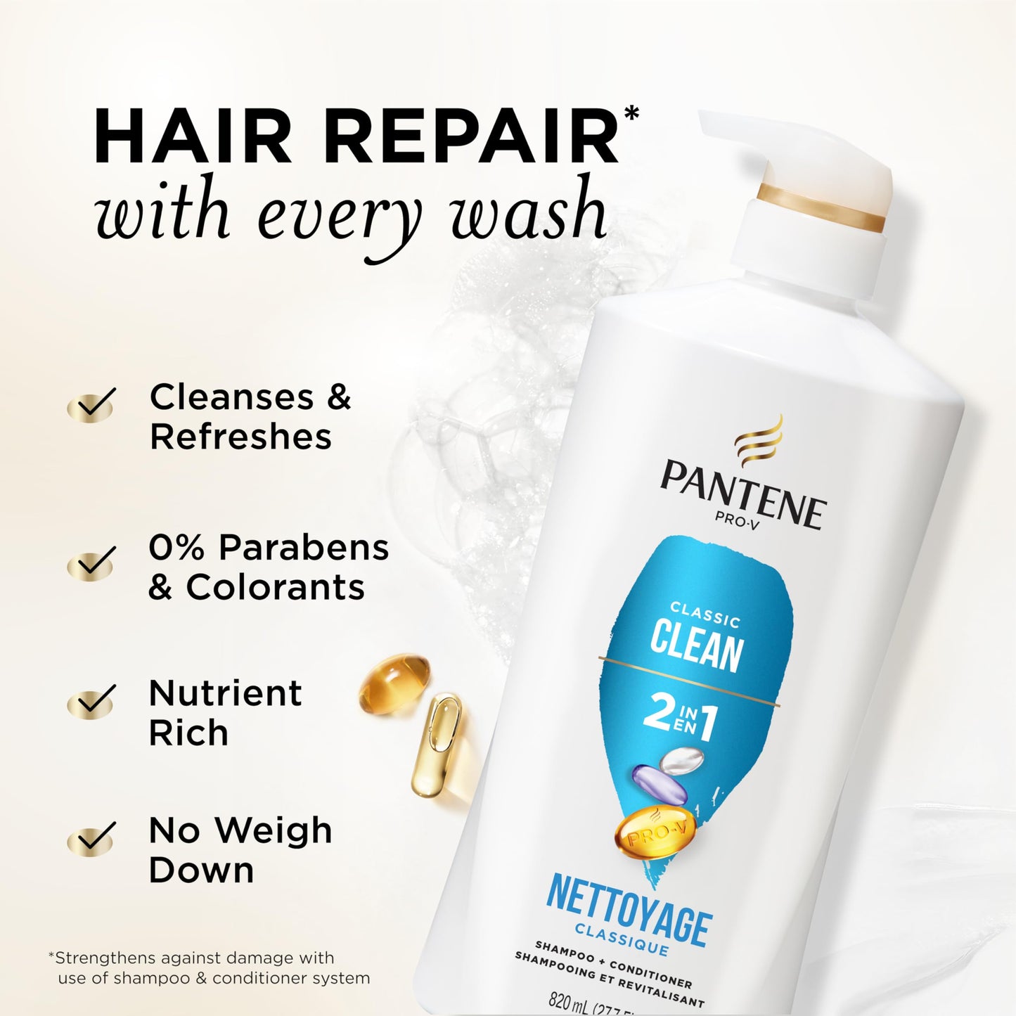 Pantene 2-in-1 Classic Clean Shampoo & Conditioner | Pro-V Nutrients for Dry, Color-Treated Hair | 27.7 Oz, 2-Pack + 0.5 Oz Rescue Shot
