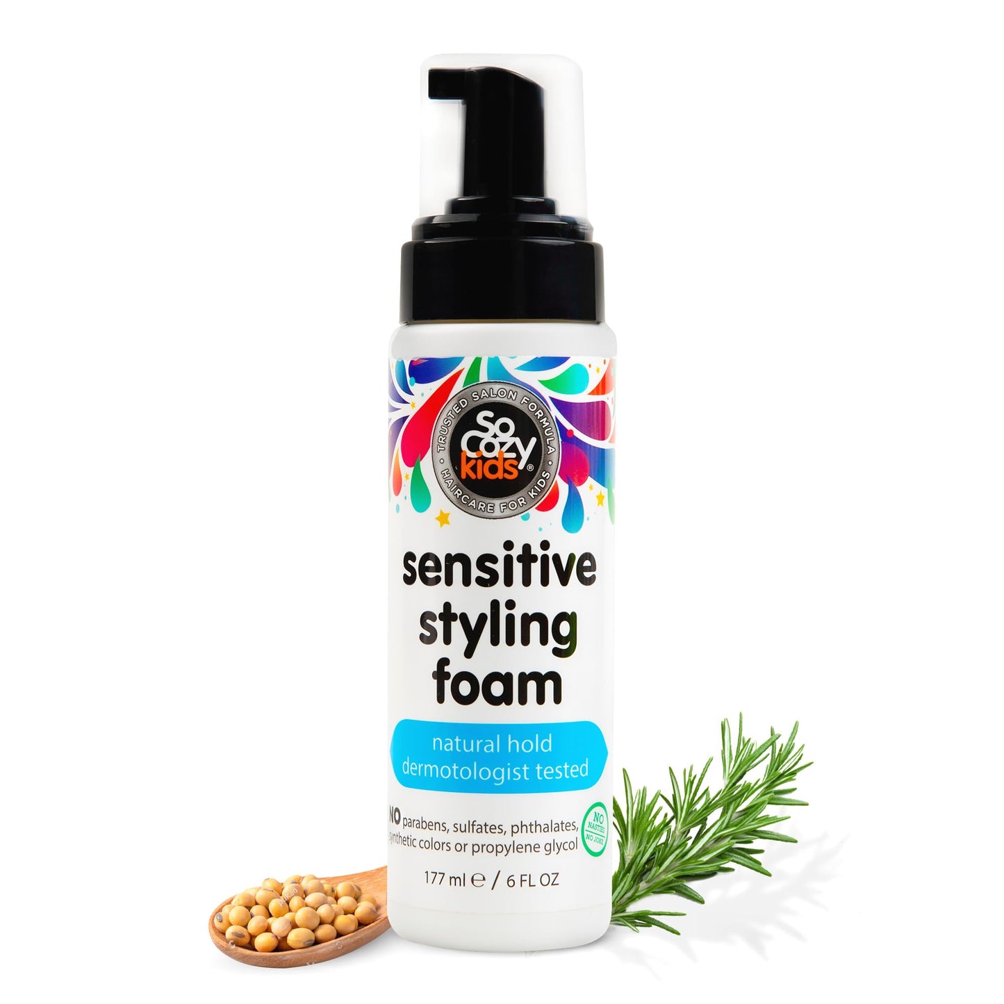 So Cozy Kids Sensitive Styling Foam - Sensitive Foam For Kids w/Straight or Curly Hair - Gentle Natural Hold Styler, Rosemary (6 fl oz)