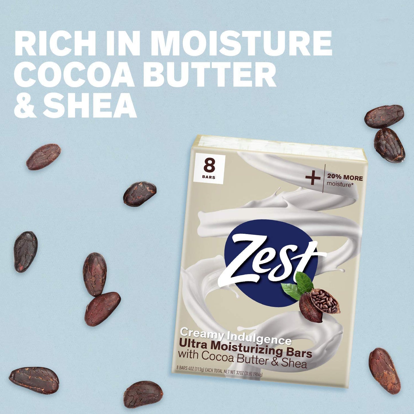 Zest Bar Soap 8-Pack – Enriched with Cocoa Butter & Shea, Ultra Moisturizing Cleansing Bars for Silky Smooth, Hydrated Skin