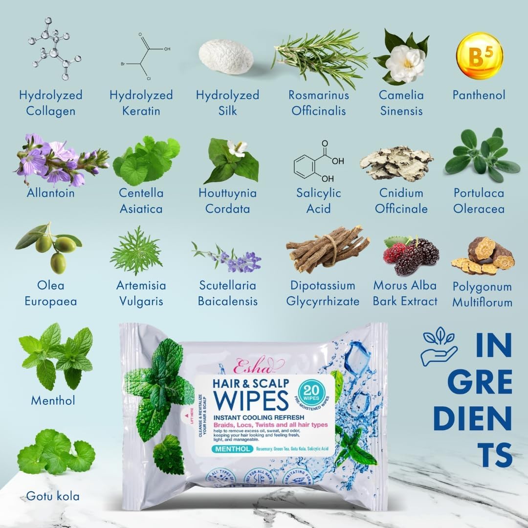 ESHA Hair & Scalp Wipes: Instant Cooling Refresh for Braids, Locs, Twists & All Hair Types - Stay Cool, Stylish, and Confident