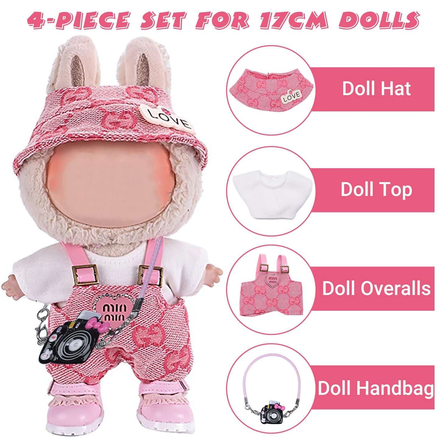 Ariker 4-Piece Doll Clothes Set for 15-17cm Labubu Dolls – Pink Outfit with Top, Overalls, Hat & Handbag (No Doll/Shoes) AK060PK