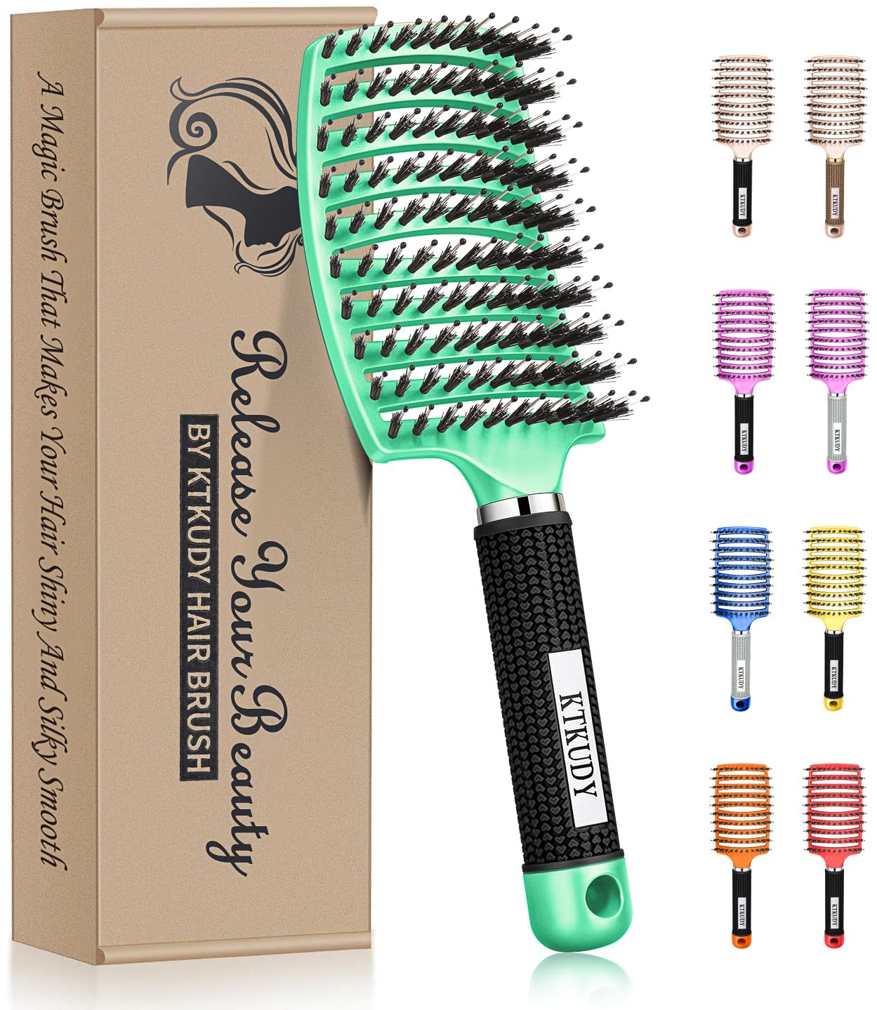 KTKUDY Detangling Brush with Boar Bristles – Curved & Vented Hairbrush for Wet or Dry Hair – Adds Shine & Reduces Frizz for Women, Men & Kids, Light Green