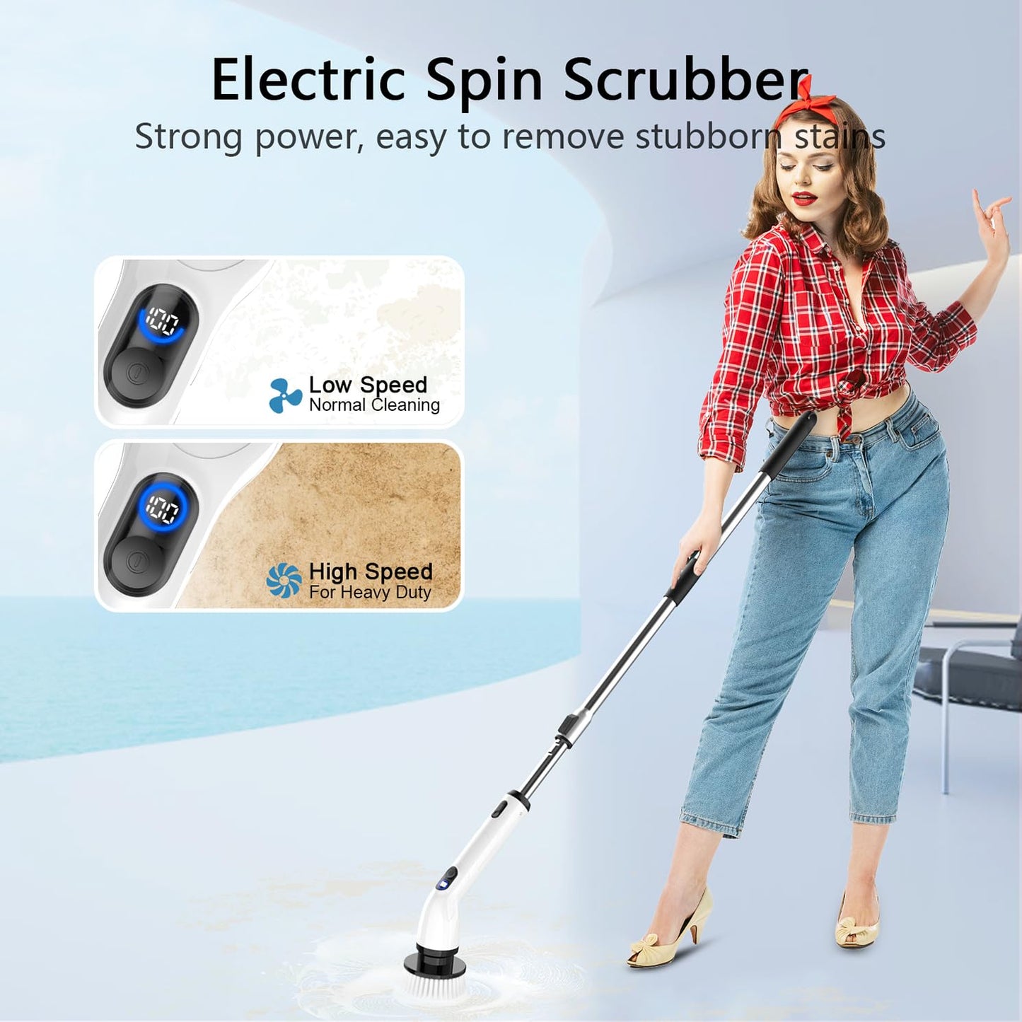 TUYU Electric Spin Scrubber, IPX7 Waterproof with LCD Display & Adjustable Handle, Cordless Bathroom, Bathtub, Kitchen & Wall Cleaner Brush