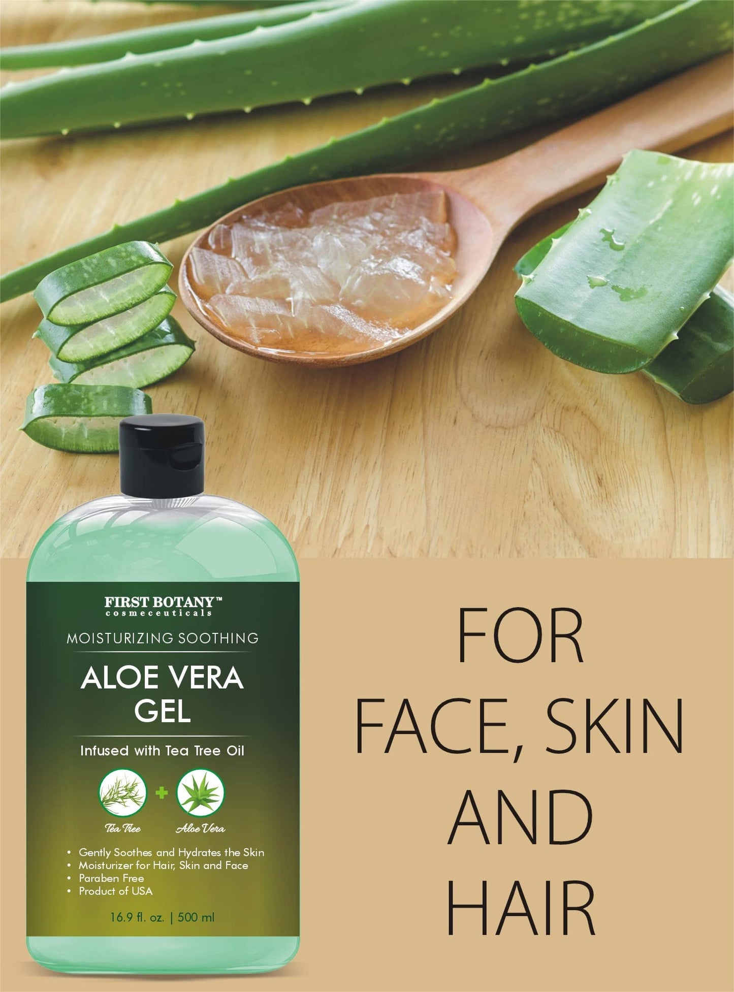 First Botany Aloe Vera Gel with Tea Tree Oil – 100% Pure Natural Moisturizer for Skin, Hair, Sunburn, Acne, Eczema & Hand Sanitizing – 16.9 fl oz