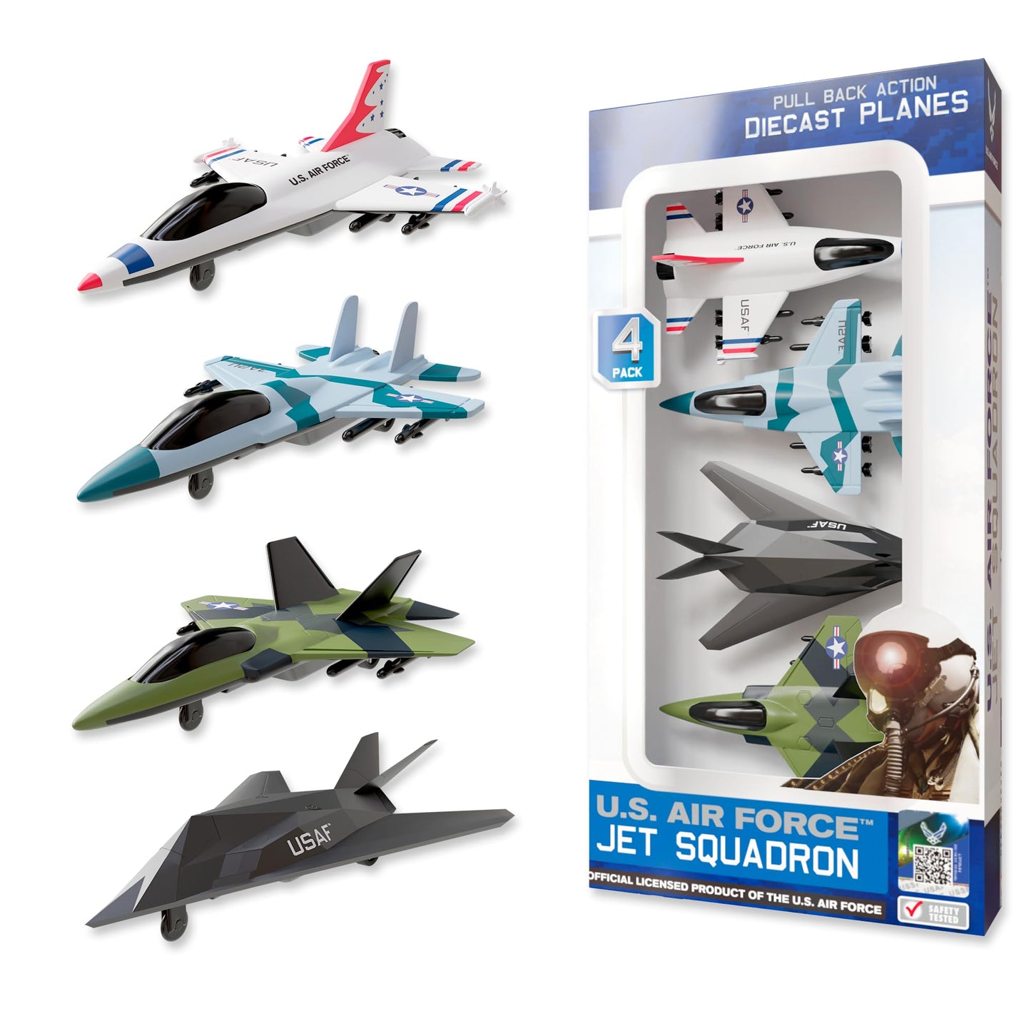 United Sates Air Force 4-Pack Toy Jet Squadron Die Cast Airplanes, Pull Back Military Fighter Jets, Diecast Air Plane Models