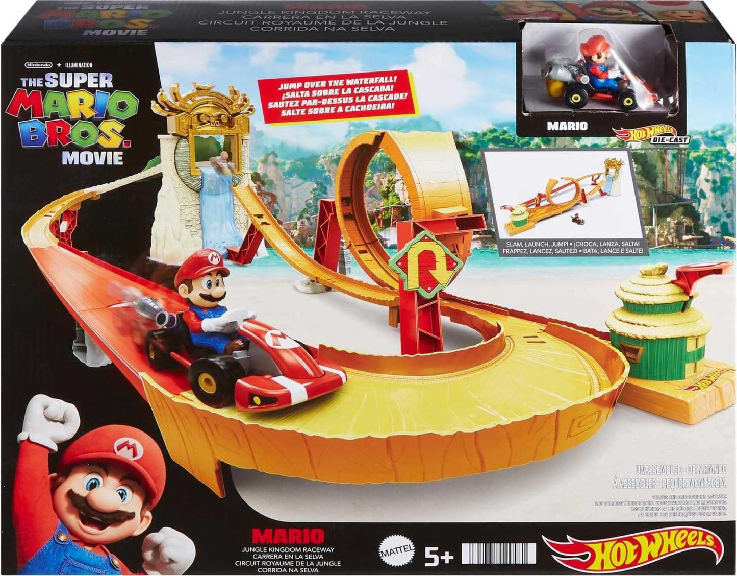 Hot Wheels Mario Kart Track Set & Toy Car, Super Mario Bros Jungle Kingdom Raceway, 3+ Feet Tall with Die-Cast Mario Kart & Waterfall Jump