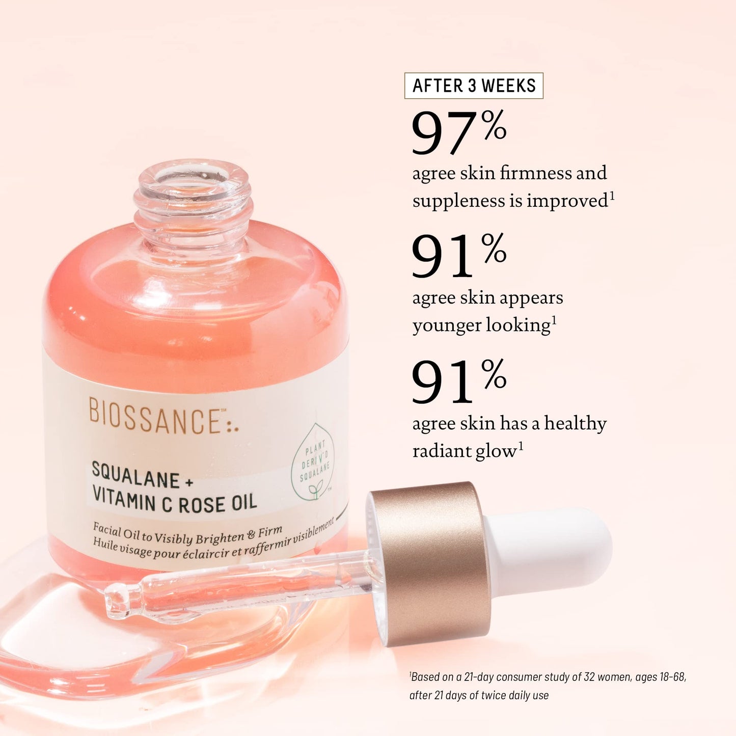 BIOSSANCE Squalane + Vitamin C Rose Facial Oil - Brighten, Firm & Hydrate Skin with Damascus Rose & Chios Crystal, 1 oz