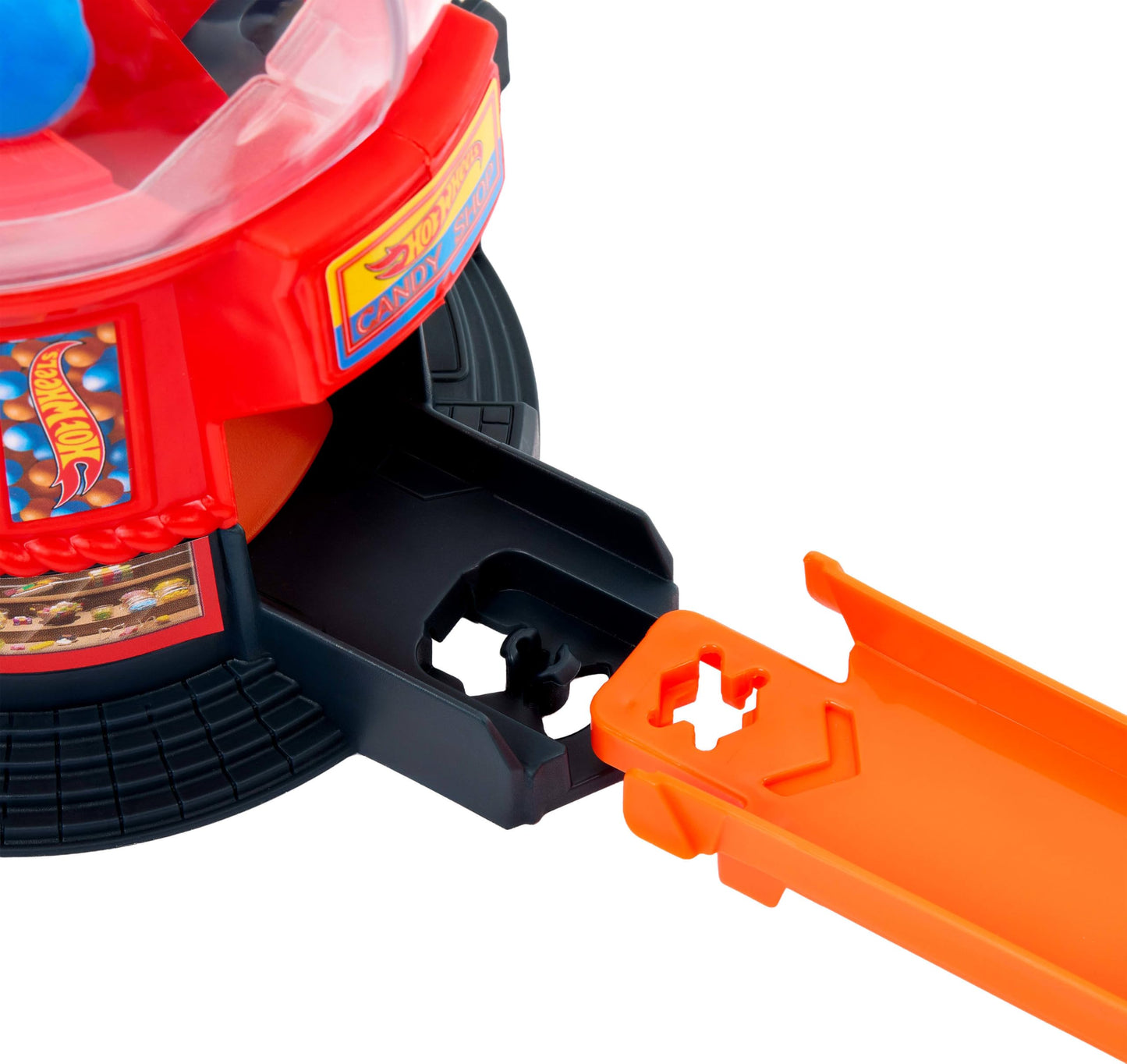 Hot Wheels Toy Car Track Set, Gumball Machine Playset with 1:64 Scale Die-Cast Donut-Shaped Vehicle & Speed Snap Track, Downtown City Candy Shop