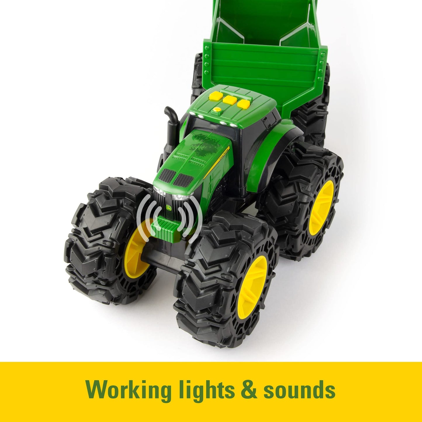 TOMY Monster Treads - John Deere Tractor Toy and Wagon - Includes Lights, Sounds, and Monster Truck Tires - John Deere Farm Toys - Ages 3 Years and Up