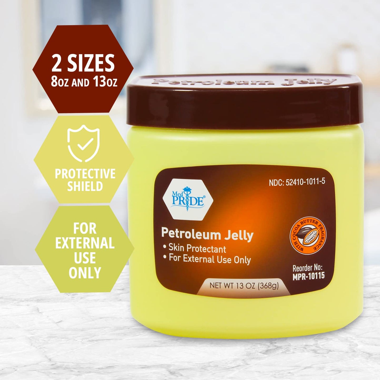 Med Pride Petroleum Jelly with Cocoa Butter – Large 13 oz Moisturizing Skin Protectant for Dry Skin, Rashes & Burns, Light Fragrance