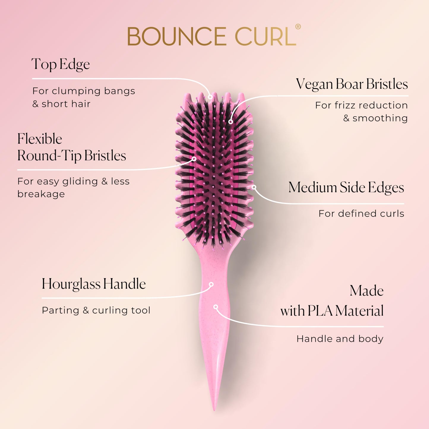 Bounce Curl Define EdgeLift Brush, 5-in-1 Tool for Effortlessly Defined Curls, Waves & Coils, Reduces Frizz - Pink