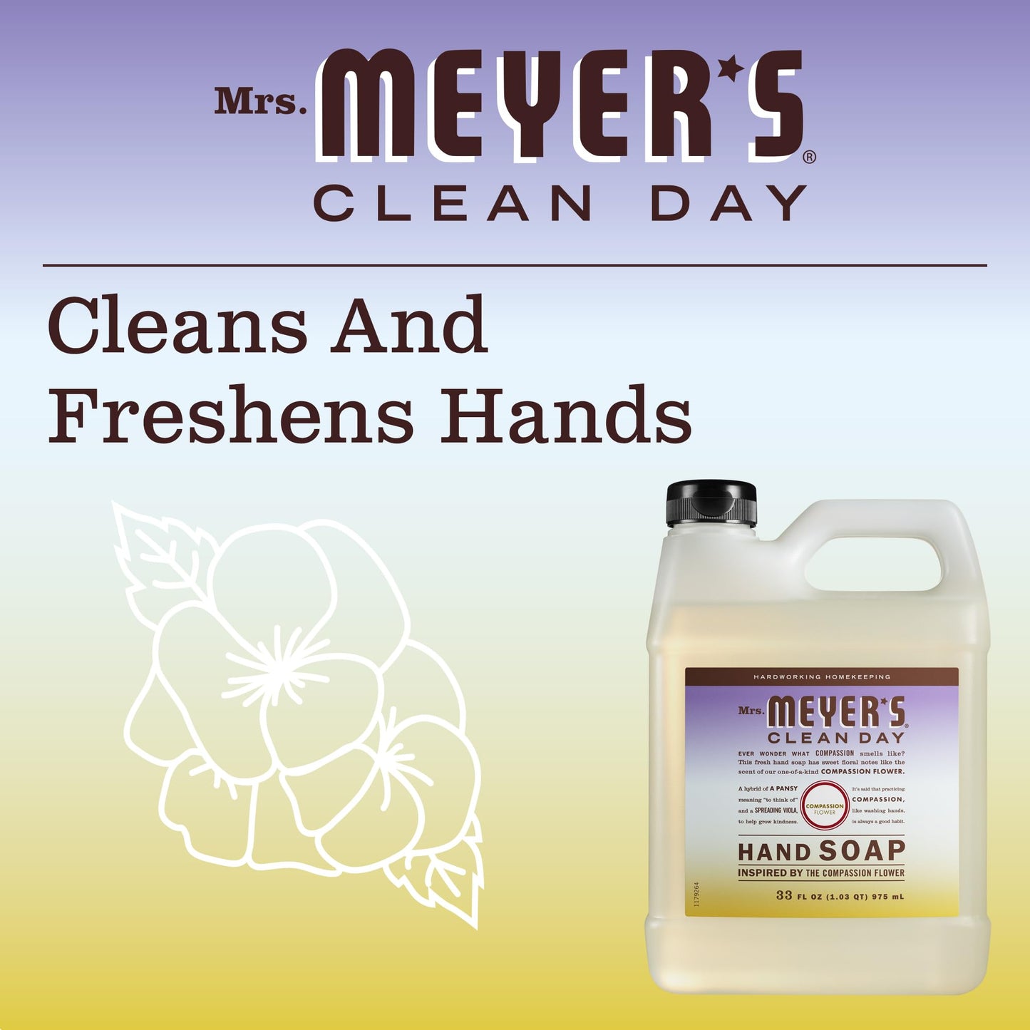 MRS. MEYER'S CLEAN DAY Hand Soap Refill, Made with Essential Oils, Biodegradable Formula, Compassion Flower, Packaging May Vary, 33 fl. oz