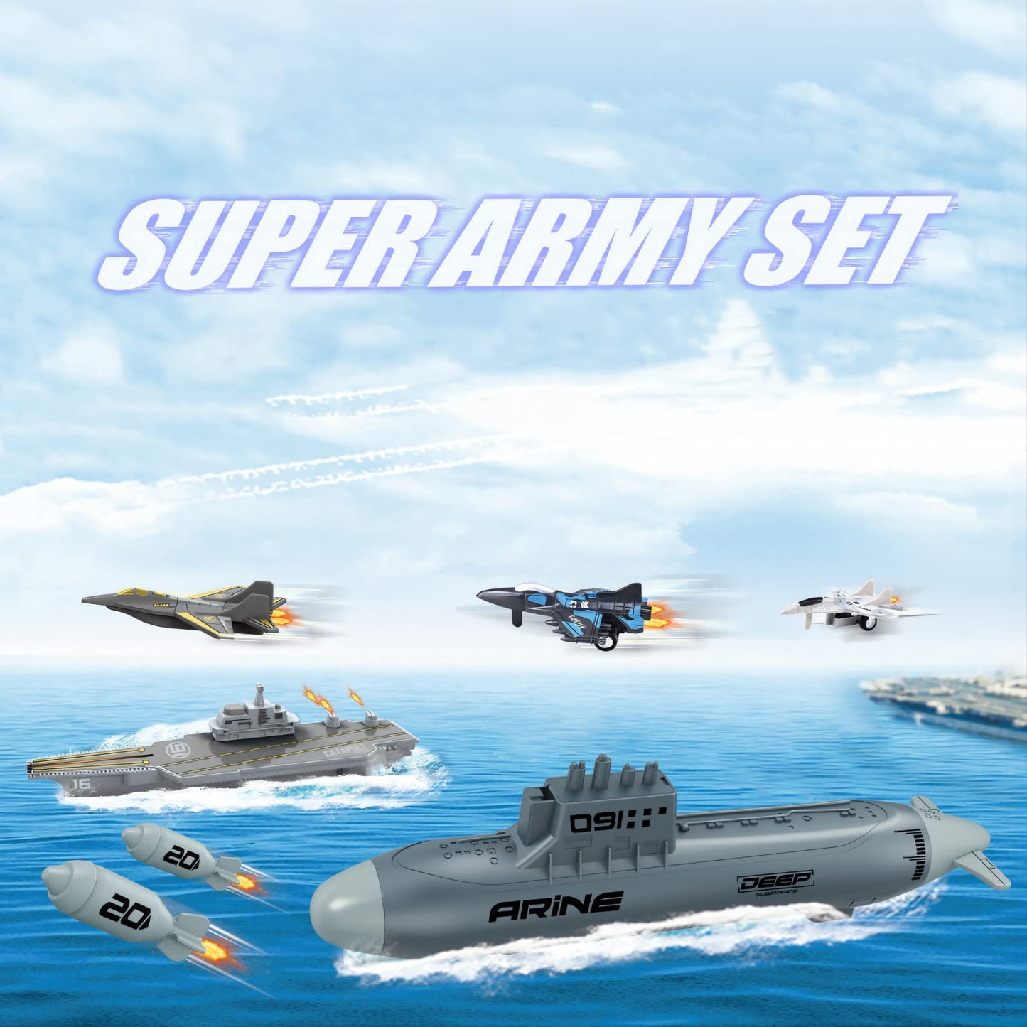 WASAiKA Aircraft Carrier & Submarine Toy Set with Launching Fighter Jet & Torpedoes – Naval Army Playset for Kids Boys & Girls