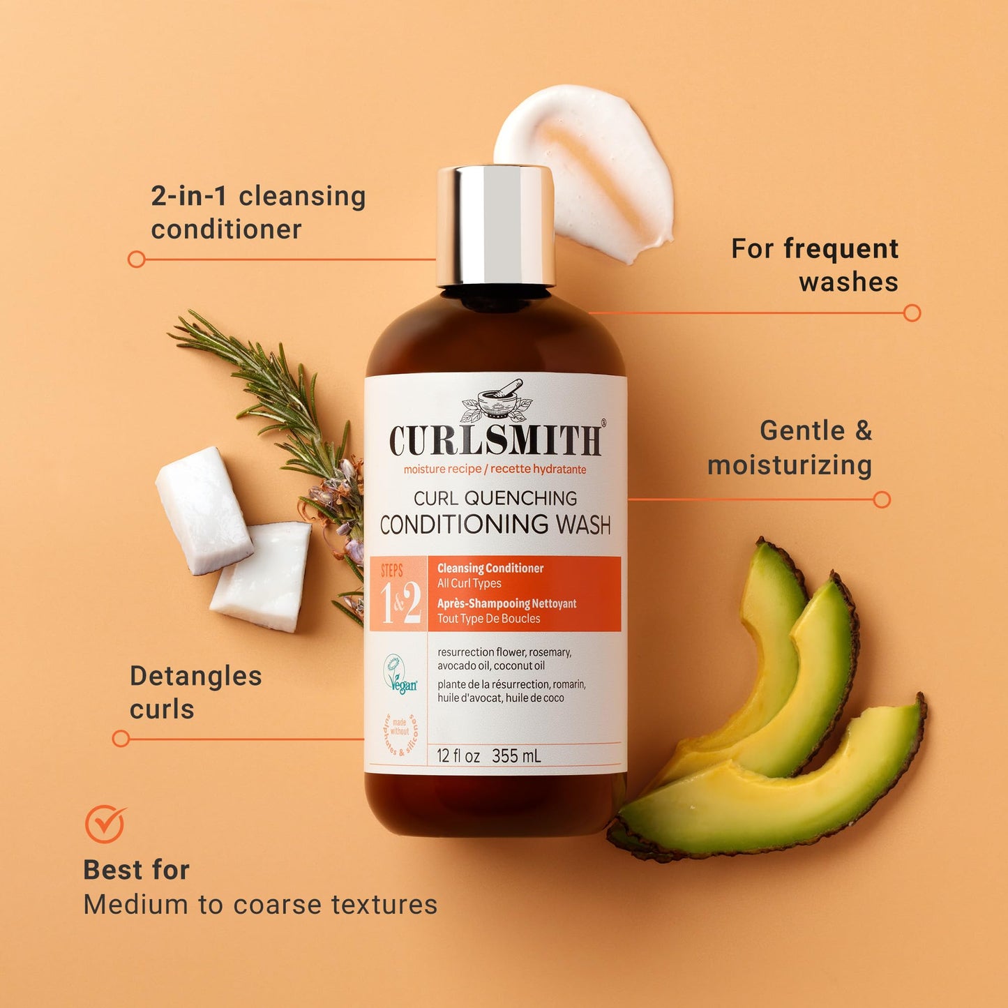 CURLSMITH Curl Quenching Conditioning Wash – Sulfate-Free Co-Wash Cleanser, Gently Hydrates & Nourishes All Curl Types, Vegan & Cruelty-Free, 3 oz