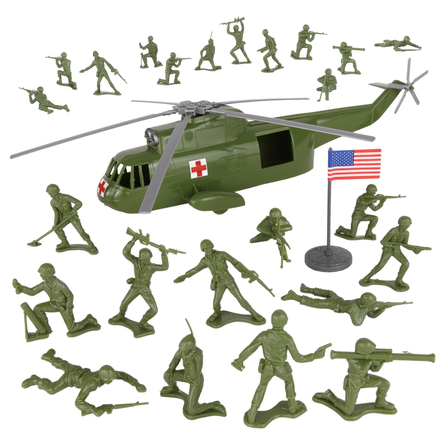 TimMee Plastic Army Men Helicopter Playset - OD Green 26pc Made in USA