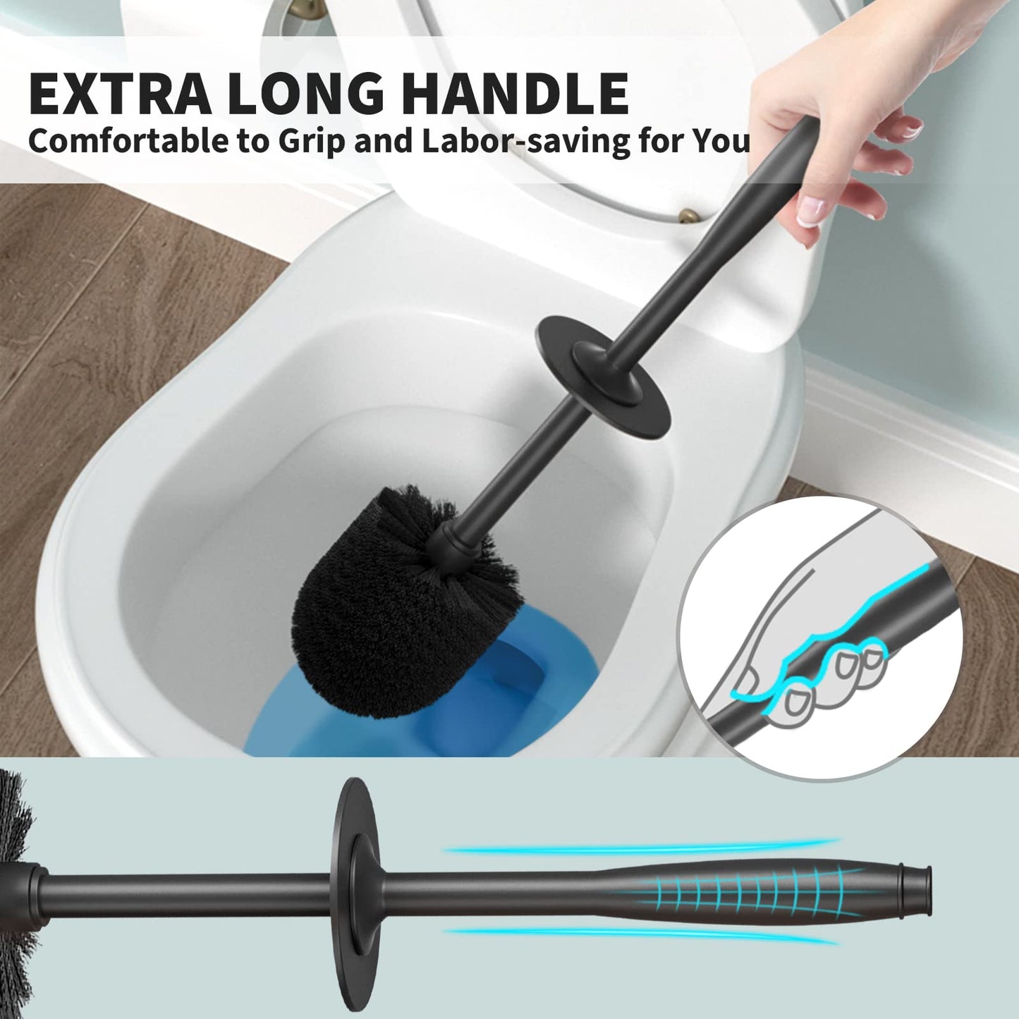 Toilet Brush and Holder 2 Pack – Long Handle, Covered Toilet Scrubber for Deep Cleaning & Space Saving – Black, Durable