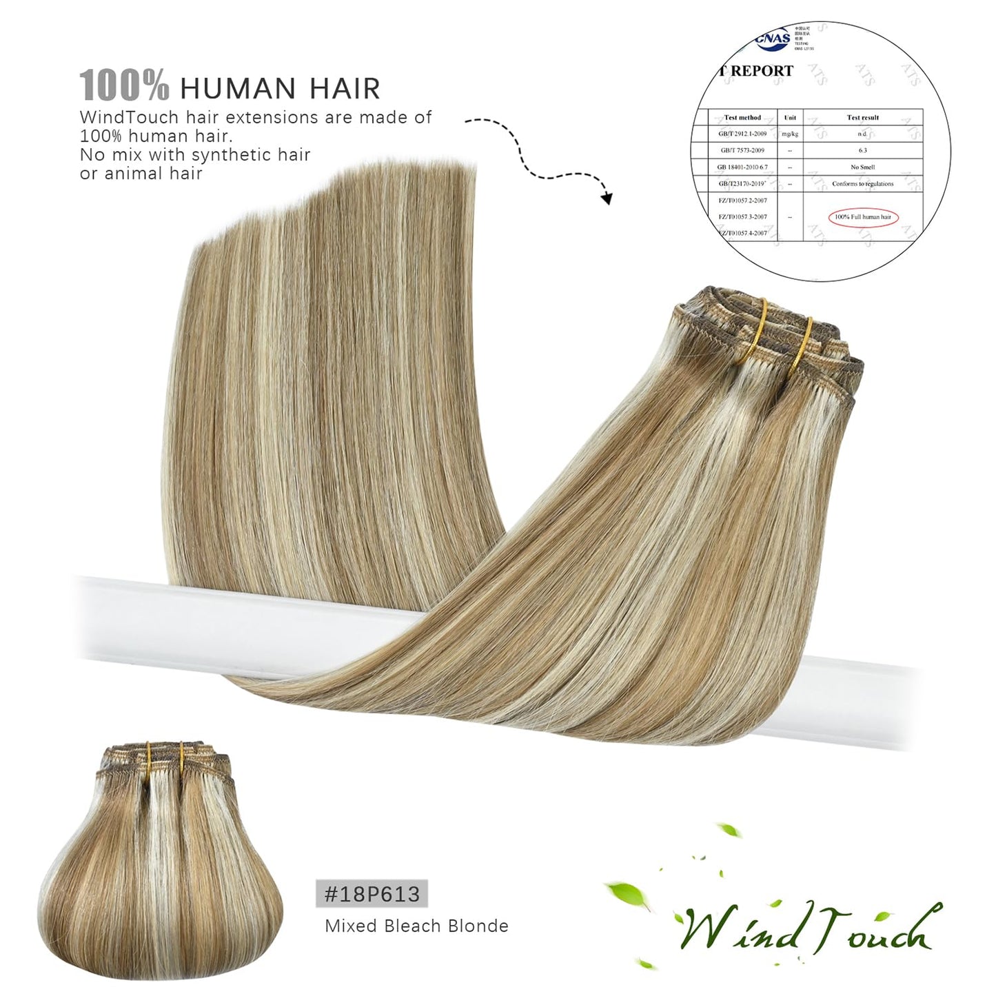 WindTouch Real Human Hair Clip-in Extensions 15” 75g 7PCS – Balayage Mixed Bleach Blonde Highlights, Straight Hair Extensions for Women