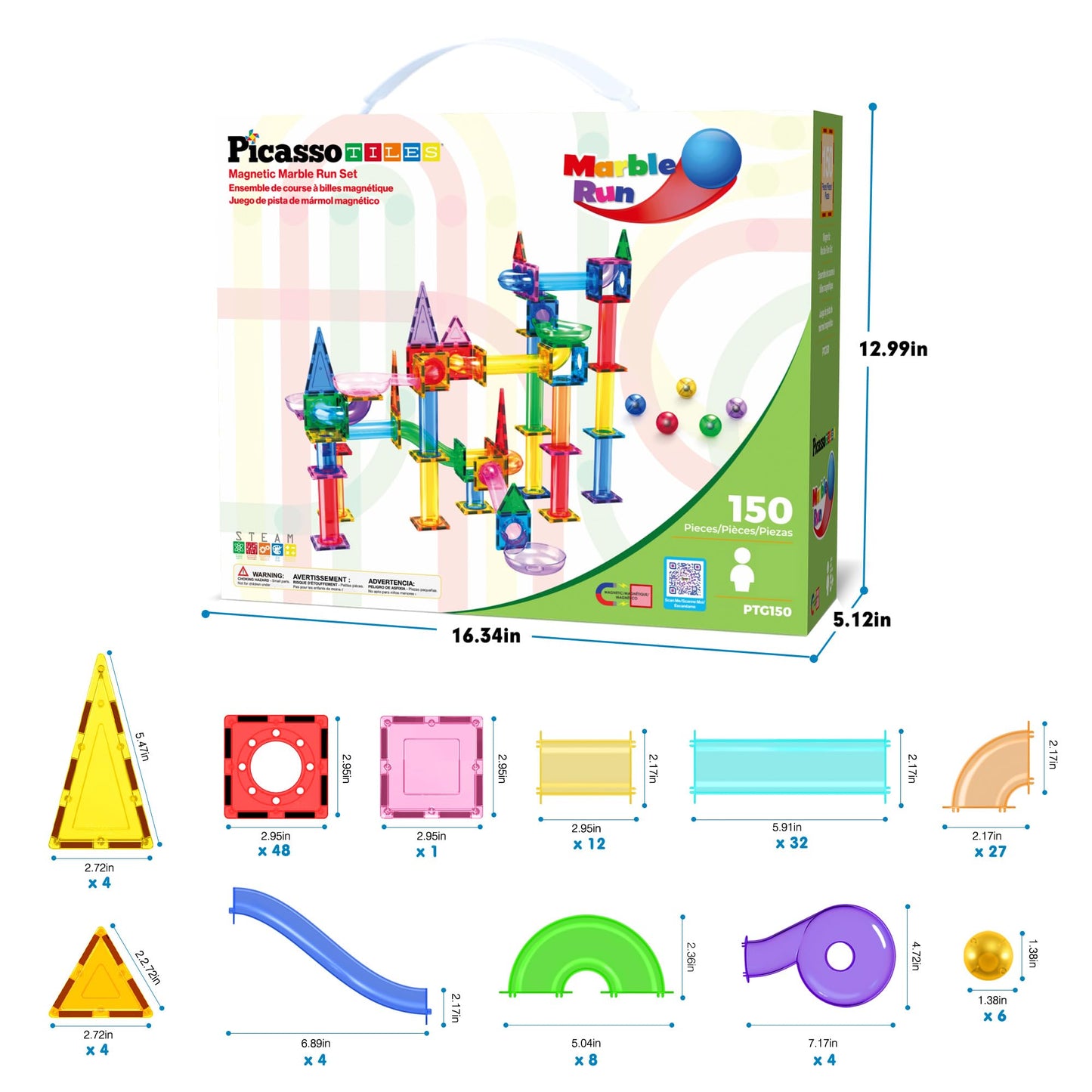 PicassoTiles 150pc Magnetic Marble Run STEM Toy – Slides, Ramps & Tubes, Educational Building Kit for Kids 3+, Learning Gift PTG150