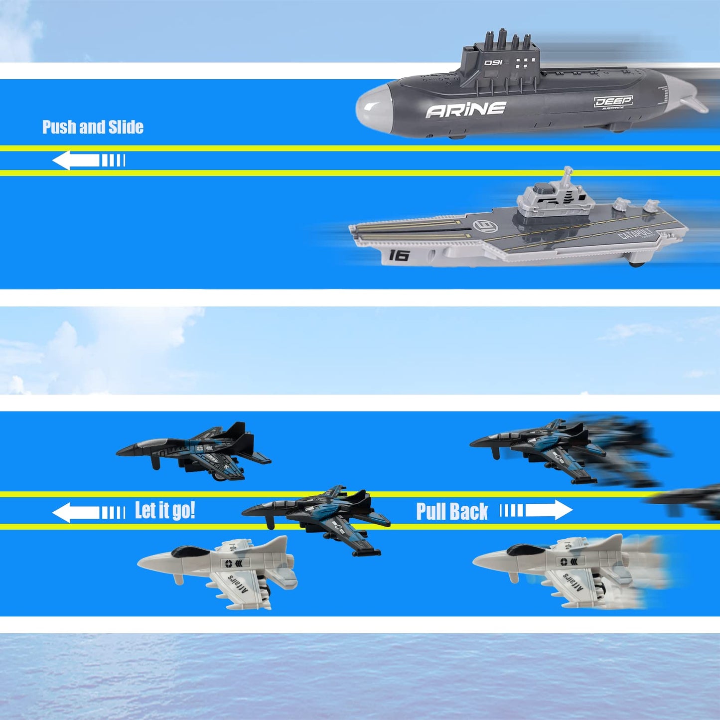 WASAiKA Aircraft Carrier & Submarine Toy Set with Launching Fighter Jet & Torpedoes – Naval Army Playset for Kids Boys & Girls