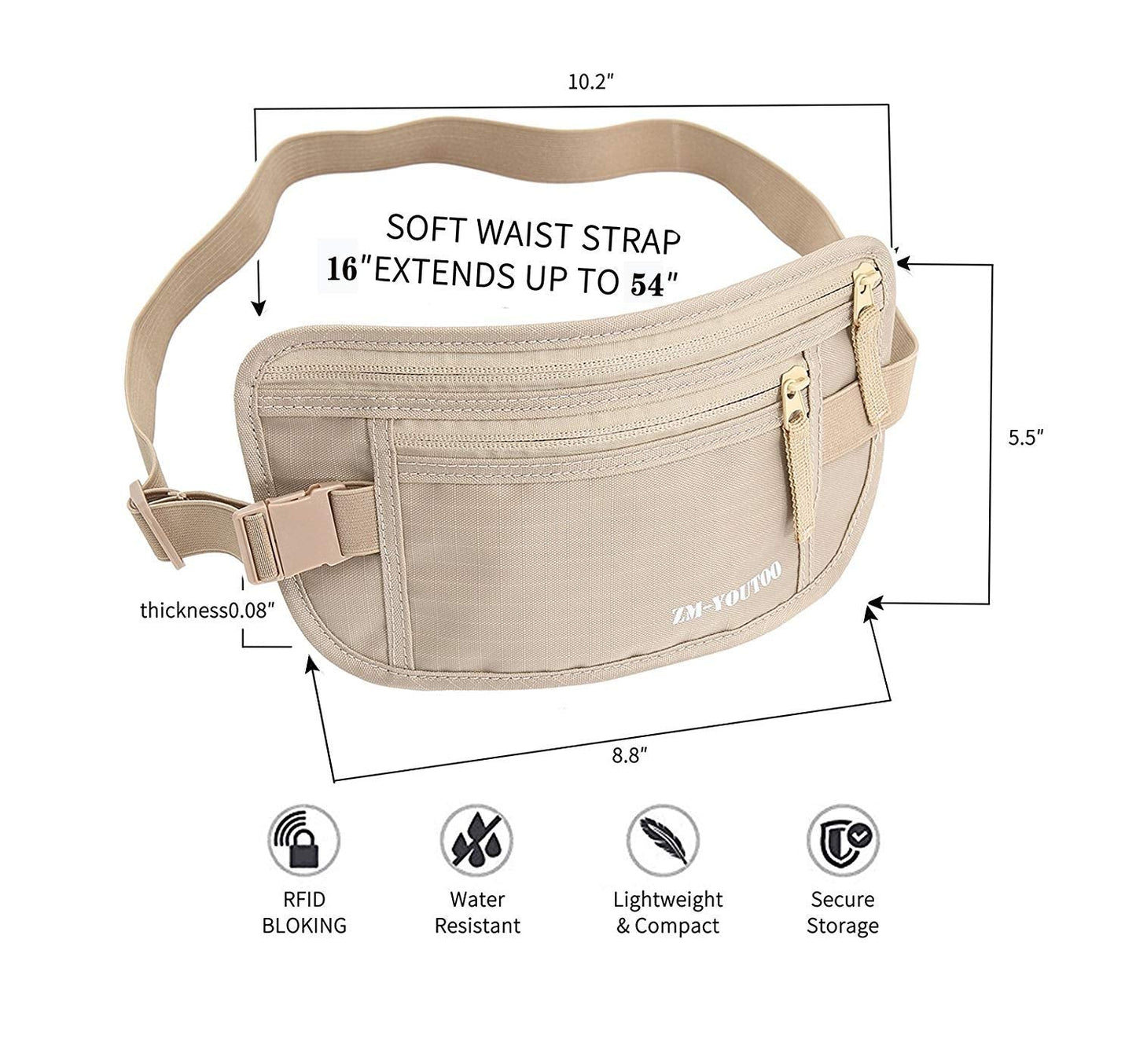 ZM-YOUTOO RFID Blocking Money Belt – Hidden Travel Waist Pouch & Passport Holder Wallet for Cash, Cards & ID, Khaki
