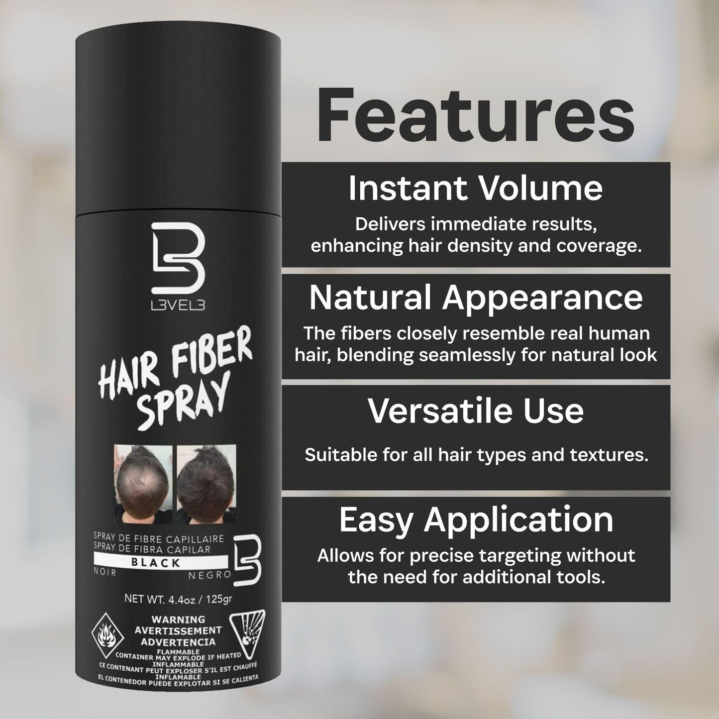 L3 Level 3 Black Hair Fiber Spray - Covers Bald Spots & Thinning Hair - Instant Gray Coverage & Thicker Hair Appearance