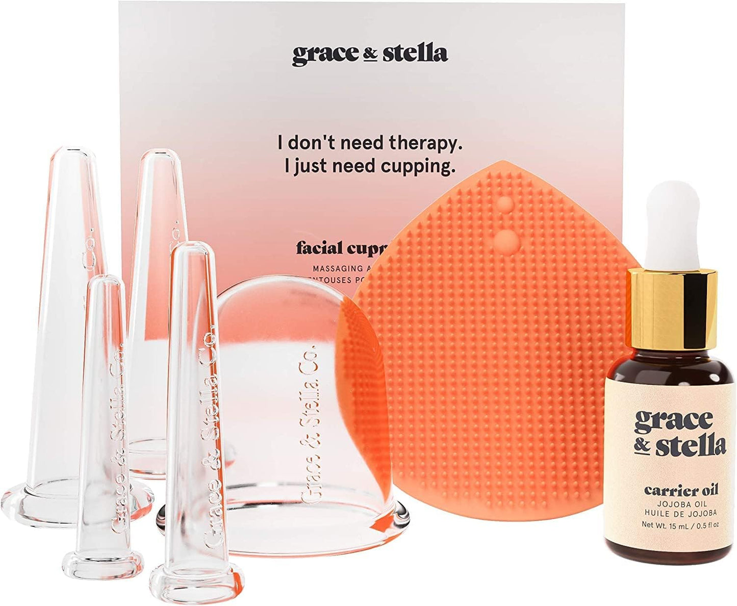 Grace & Stella 7-Pc Facial Cupping Set with Jojoba Oil & Cleansing Brush โ Lymphatic Drainage & Fine Line Reduction