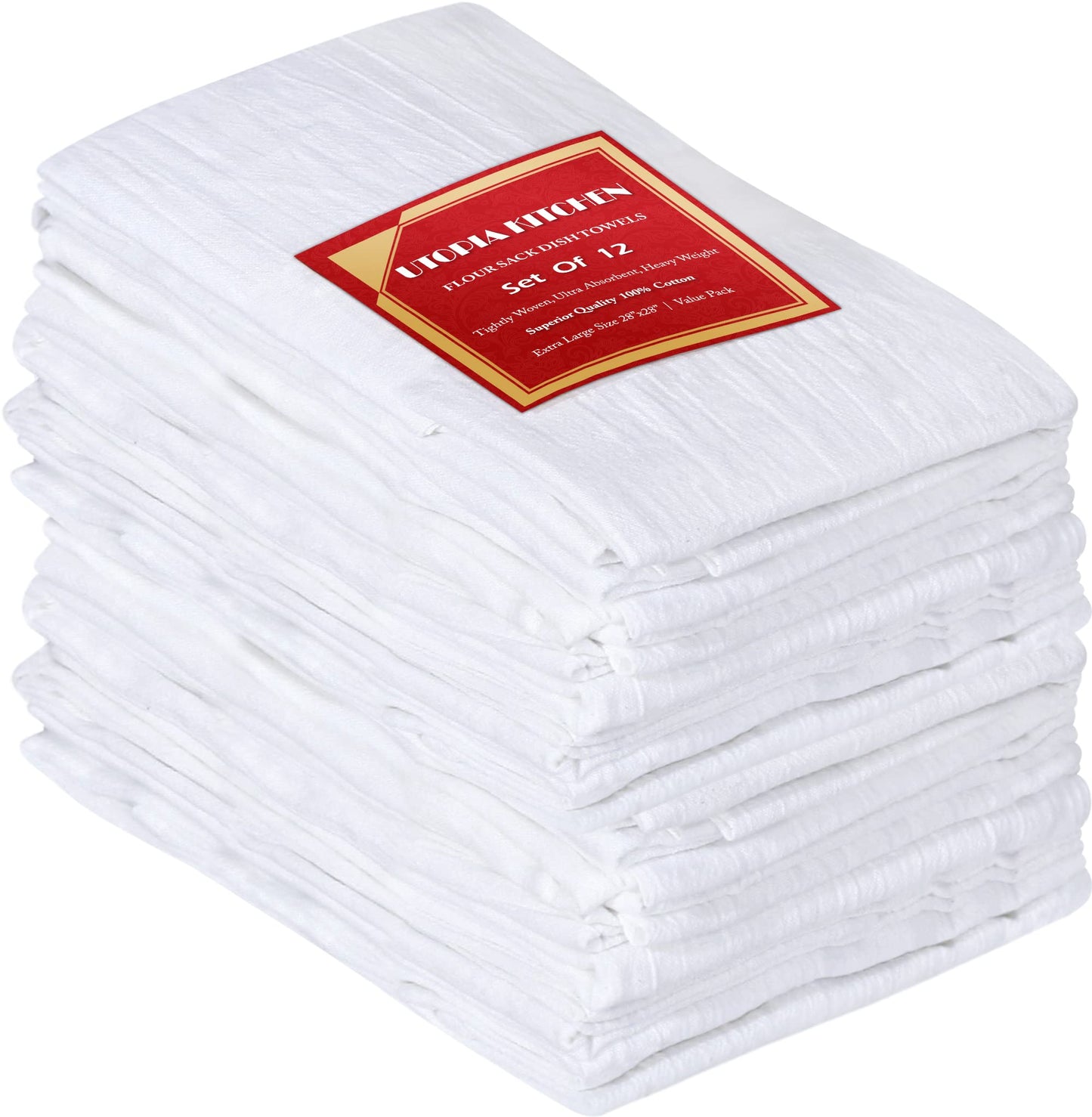 Utopia Kitchen 12-Pack White Flour Sack Towels – 28x28”, 100% Cotton, Highly Absorbent Tea & Dish Cloths for Cleaning & Drying