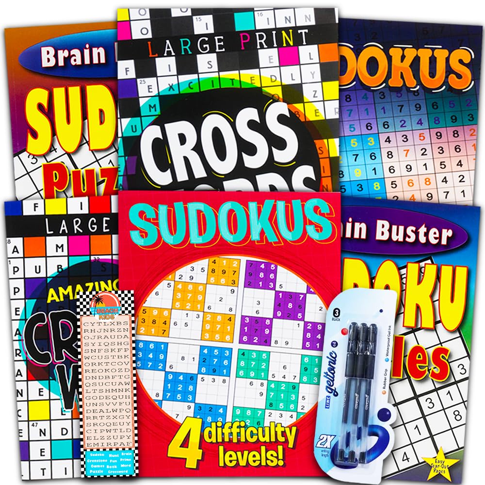 Buffalo Games Sudoku & Crossword Puzzle Books Set – 6 Jumbo Books with 550+ Puzzles, Pens & Bookmark, Brain Games for Adults & Seniors