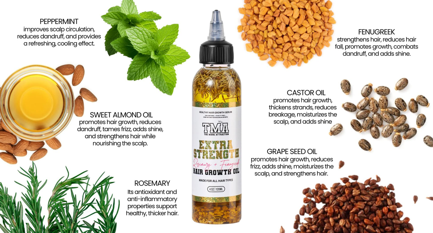 The Mane Attraction Extra Strength Rosemary + Fenugreek Herbal Hair Growth Oil | Infused With Castor Oil for ALL Hair Types