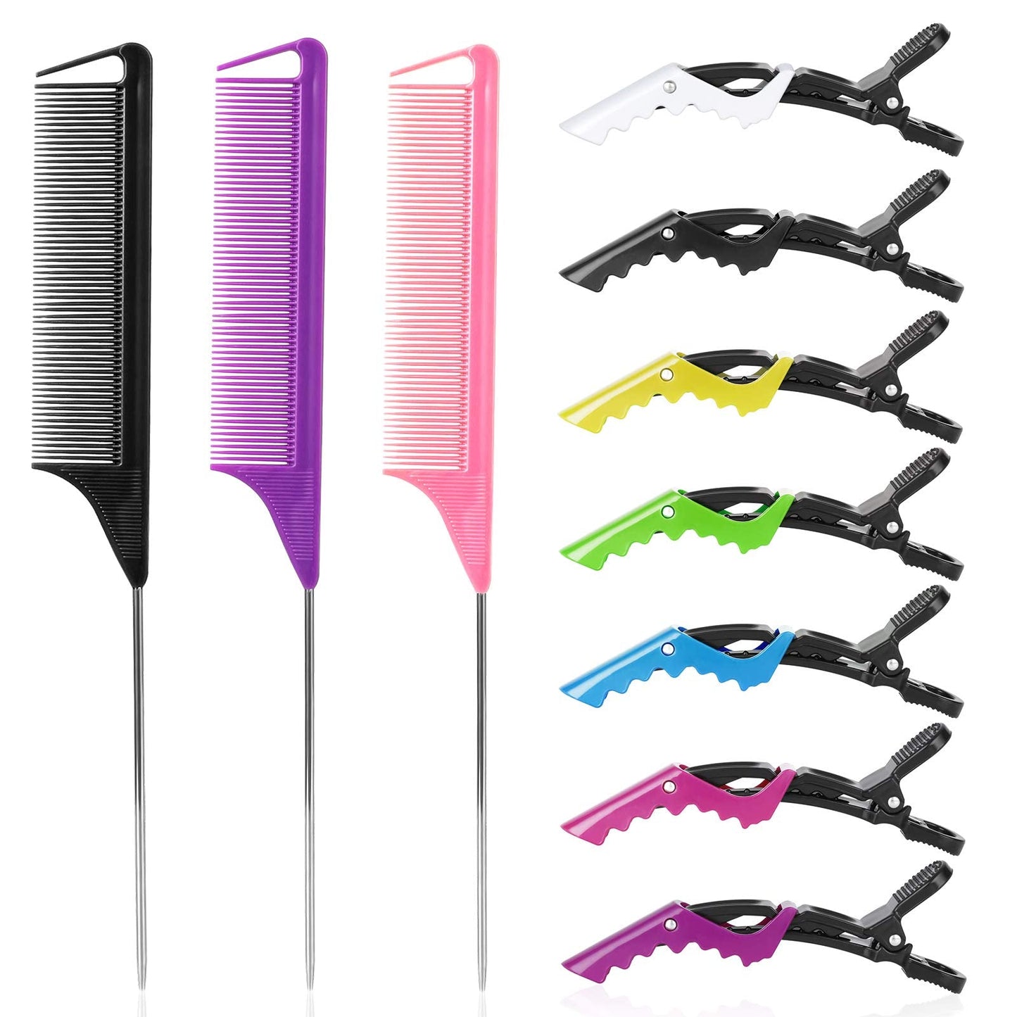 Rat Tail and Parting Combs with Styling Clips: 3 Metal Teasing Combs for Braids, 7 Professional Sectioning Hair Clips