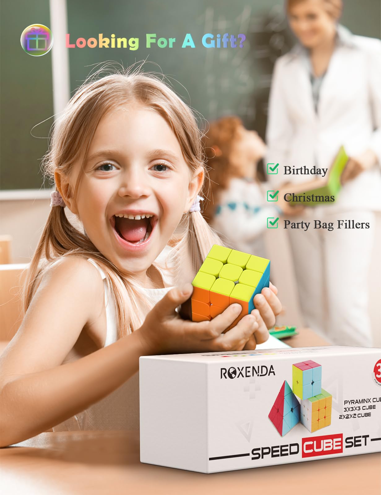 ROXENDA Speed Cube Set, Magic Cube Set of 2x2x2 3x3x3 Pyramid Cube Smooth Puzzle Cube (Stickerless)