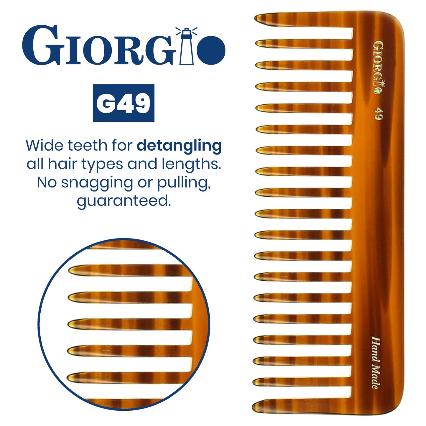Giorgio G49 Large 5.75" Wide Tooth Detangling Comb for Thick, Curly & Wavy Hair – Handmade Cellulose, Saw-Cut & Polished Tortoise Shell