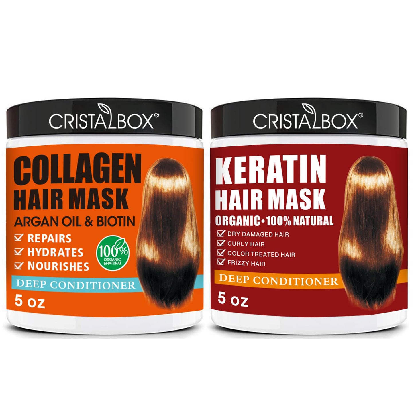 2 Pack Collagen & Keratin Hair Masks – Deep Conditioning Argan Oil Hair Repair Treatment with Biotin for Dry, Damaged, Frizzy Hair, Hydrating & Nourishing