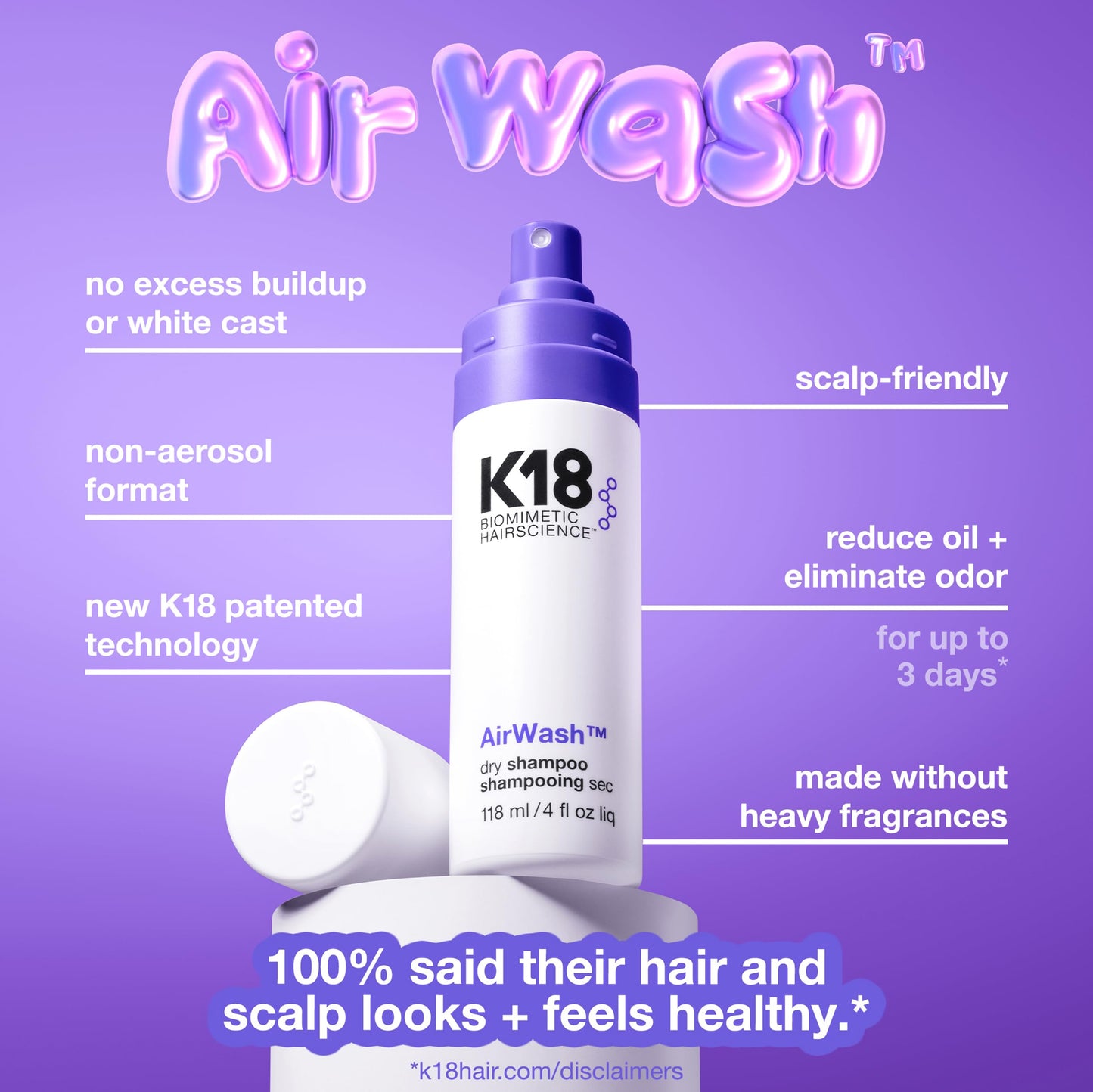 K18 AirWash™ Dry Shampoo, Non-Aerosol, Balances Scalp & Controls Excess Oil Production, 4 Fl Oz