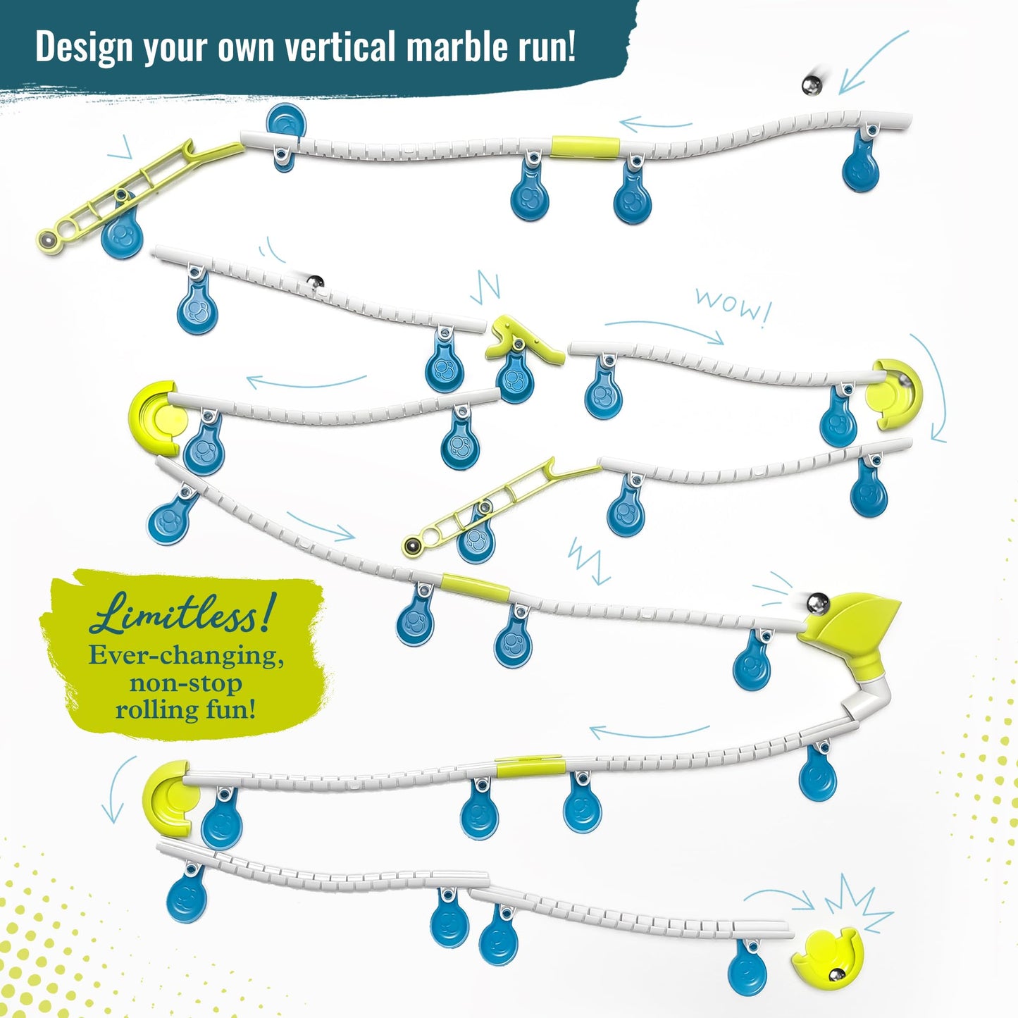 Gecko Run Marble Run Deluxe Starter Set – Vertical Tracks, Loops & Trampolines, Fast No-Mess Setup with Nano-Adhesive Pads