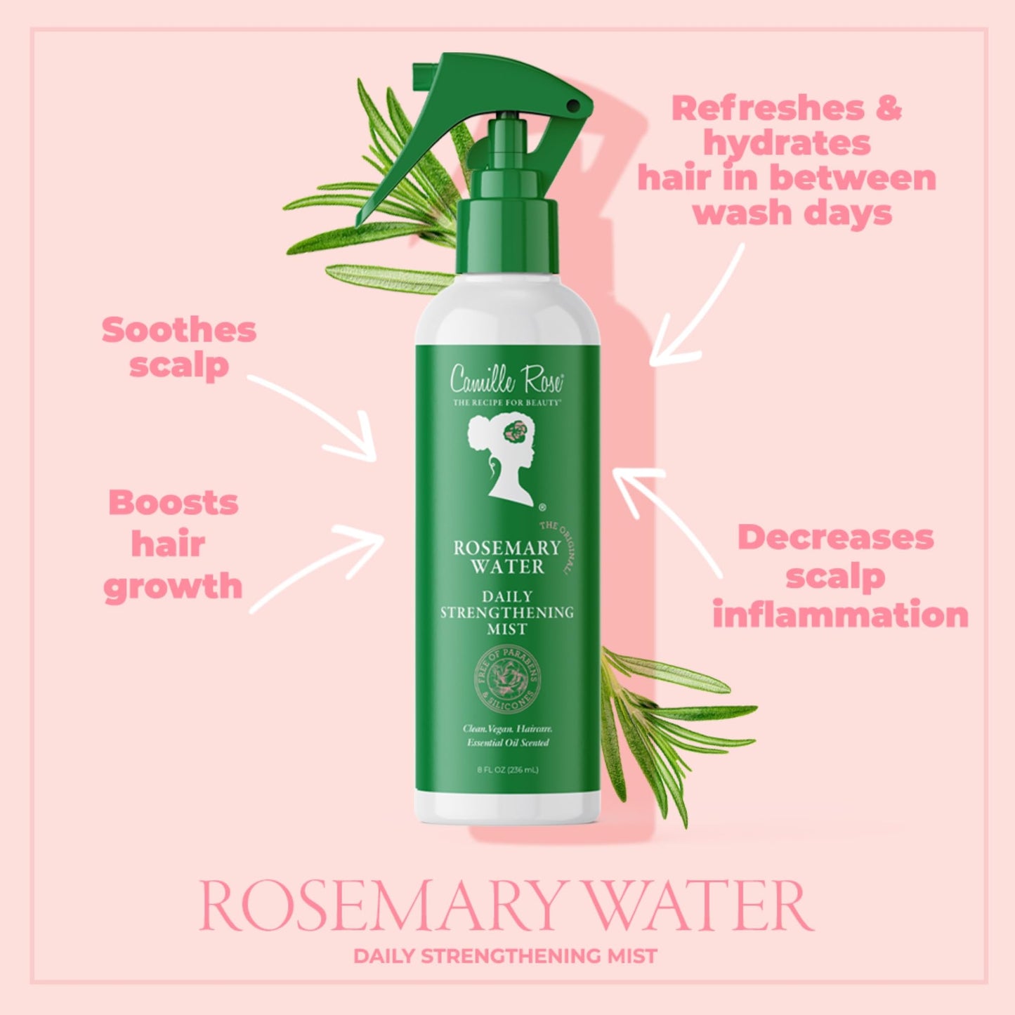 Camille Rose Rosemary Water Daily Strengthening Mist with Peppermint & Rosemary Oils | Boosts Growth & Strength for All Hair Types, 8 fl oz