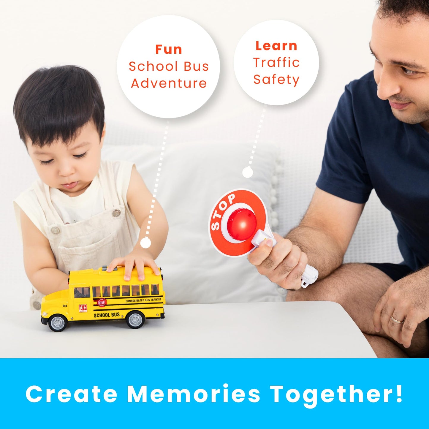 PlenPLAY Yellow School Bus Toy 1:12 Scale – Friction Powered with Lights, Sounds, Opening Doors & Stop Sign, Toddler Preschool Gift