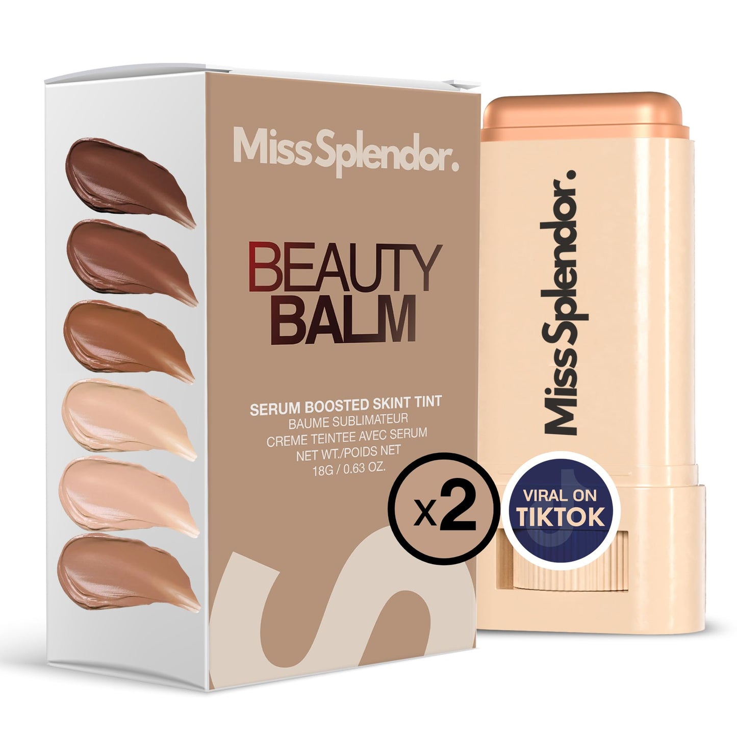 Miss Splendor Beauty Balm Skin Tint Stick 2 Pack – Shade 2, Serum-Infused, Sheer-to-Light Buildable Coverage, Hybrid Foundation & Skincare