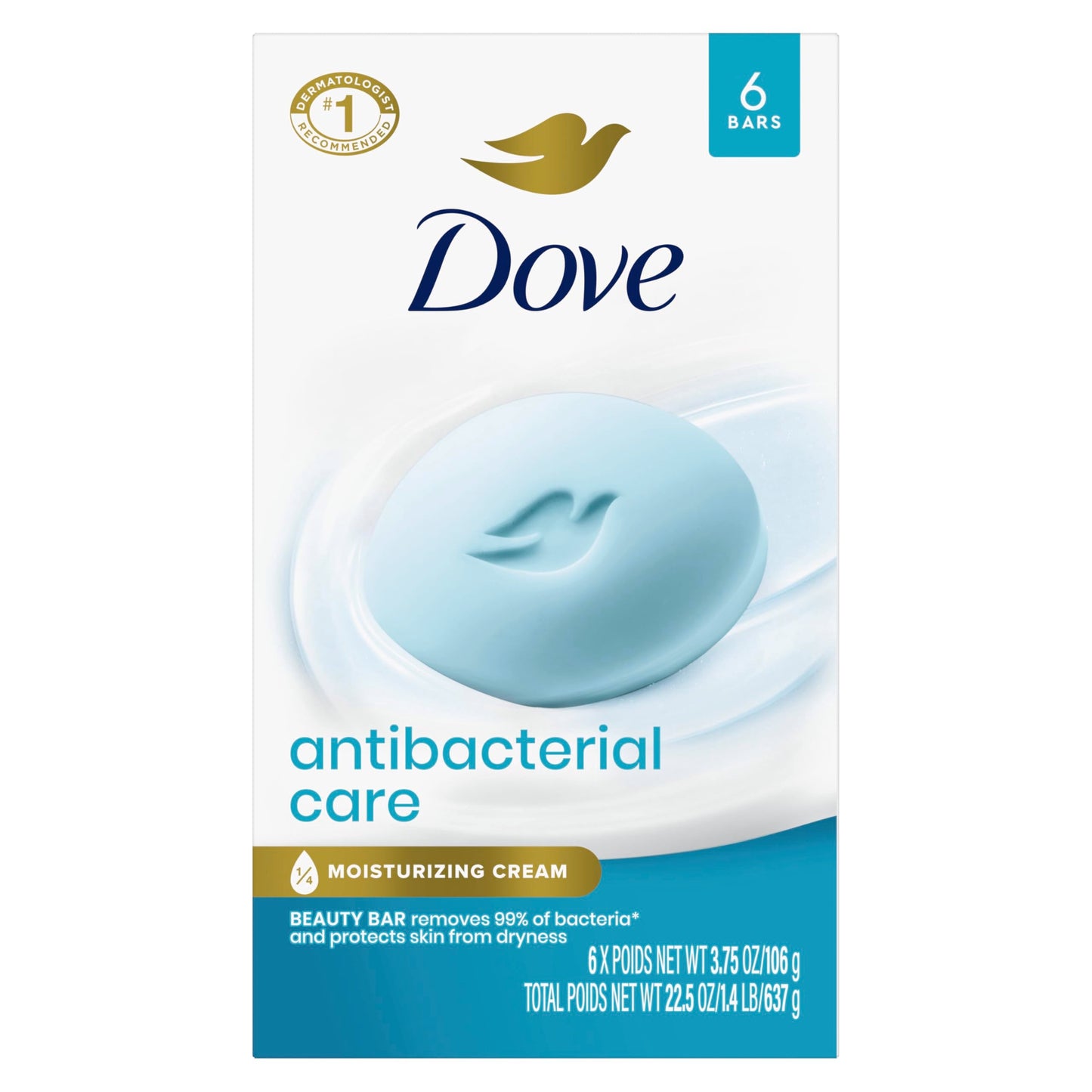 Dove Beauty Bar Soap Antibacterial Care 6 Count For Clean, Moisturized Skin, Removes Bacteria 3.75 oz